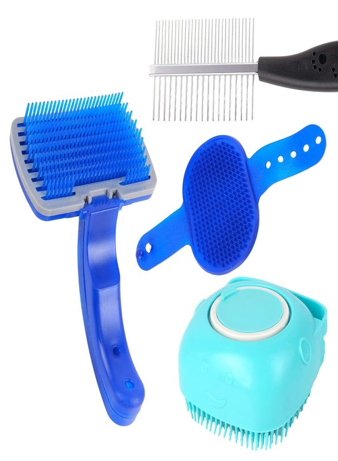 REGIIS Pet Grooming Brush Set, 4 Piece Professional Dog Brushes with Metal Comb, Blue and Turquoise Self Cleaning Slicker Brush, Massage Tool - Image 1